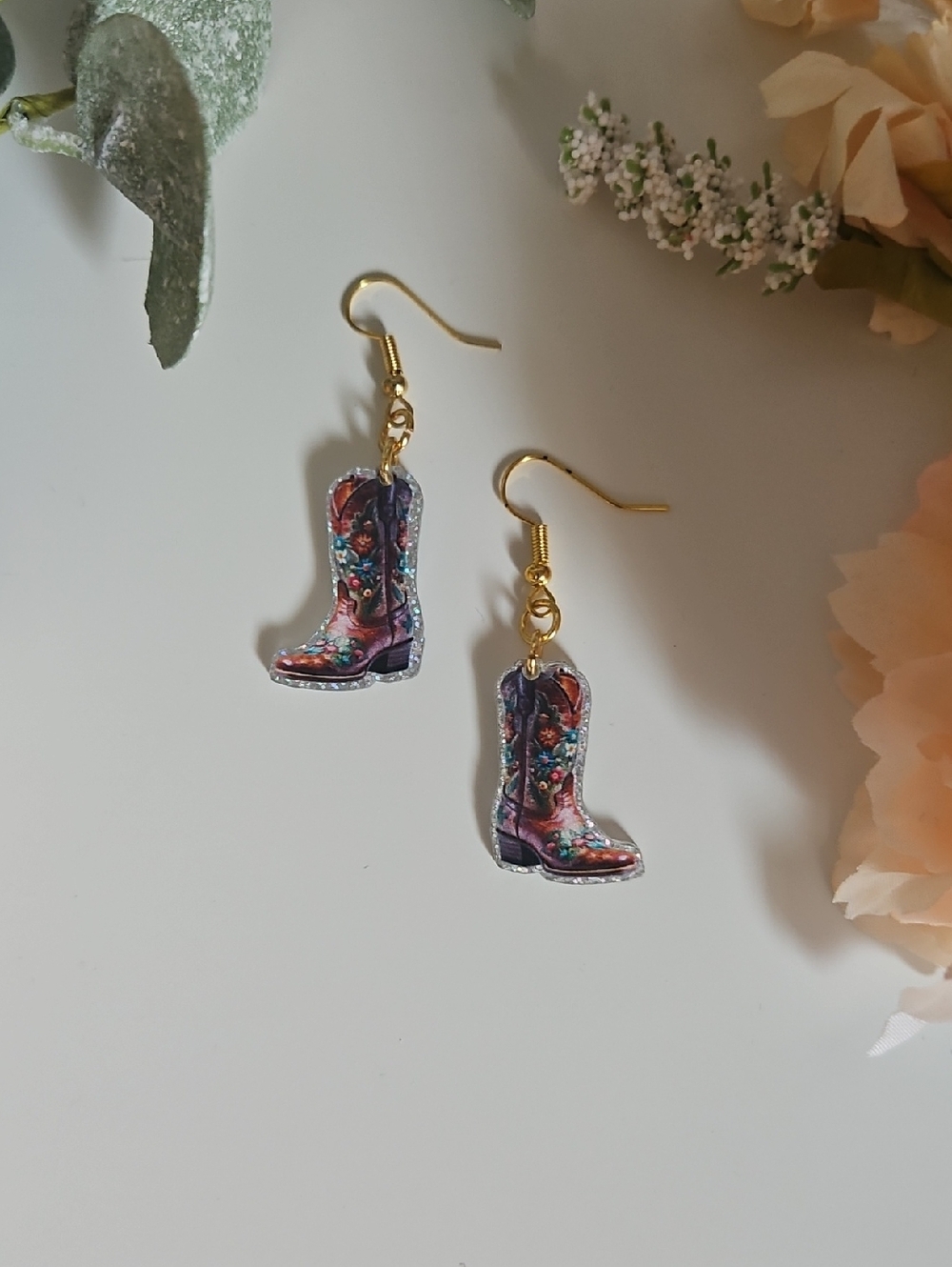 Floral Cowboy Boot Dangle Earrings - Pink & Purple
